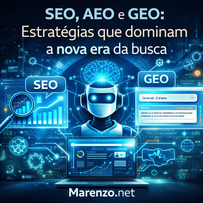 Ilustração sobre SEO, AEO e GEO mostrando inteligência artificial, motores de busca e estratégias digitais da Marenzo.net