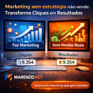 Marketing digital estratégico da Marenzo.net em Goiânia, mostrando a diferença entre fazer marketing e gerar vendas reais com SEO, AEO e performance